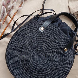 Rope Bag, Round Bag, Leather Handles, Black Bag