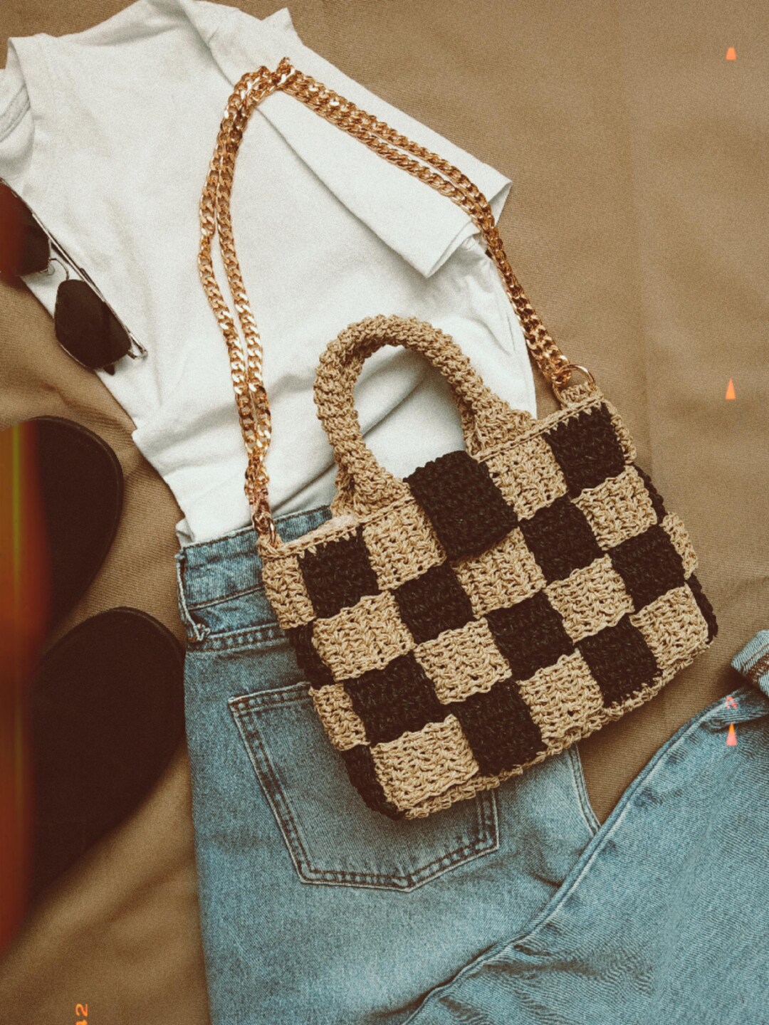 Raffia Umhängetasche kariert: Sommer Geldbörse