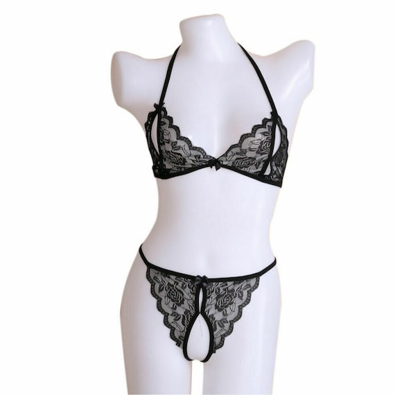 Peephole Bra and Lace Crotchless Thong Set Size UK 8 Ouvert String -   Canada
