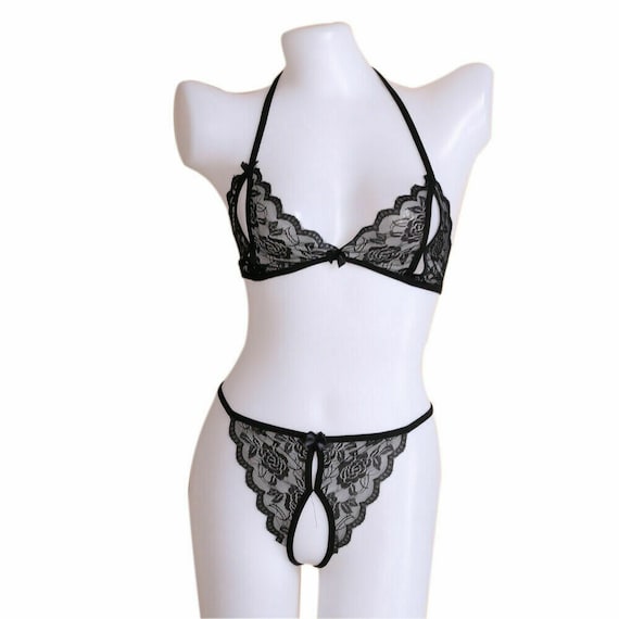 Peephole Bra and Lace Crotchless Thong Set Size UK 8 Ouvert String