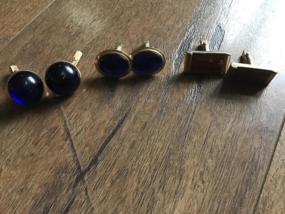 Lot of 3 Vintage Cufflinks- Dark Blue- Brown Leat… - image 1