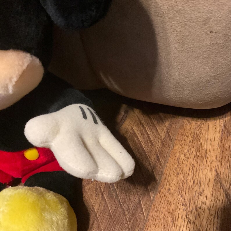 Pu&ograve; includere: Un peluche di Topolino, con una mano guantata bianca con linee nere, pantaloncini rossi con bottoni gialli e un piede giallo. Il giocattolo &egrave; nero, rosso, giallo e bianco. Lo sfondo &egrave; una superficie di legno.