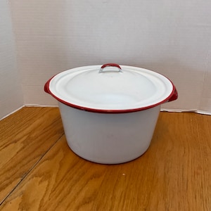 Vintage Enamelware Red / White Gallon Pot with Lid