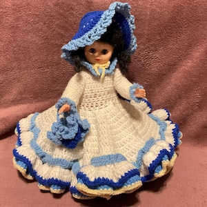 Vintage Crocheted Dress Craft Doll - Blue White - 14”