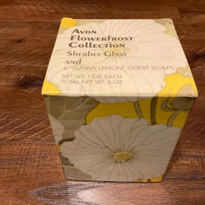 Vintage AVON Flowerfrost Collection Sherbet Glass with Sunny Lemon Guest Soaps