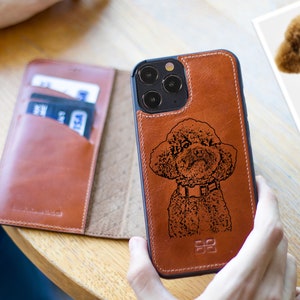 Coque iPhone 15 en cuir personnalisée avec photo d'animal de compagnie + nom Coque personnalisée avec logo pour chien Coque iPhone personnalisée Handyhülle Etui