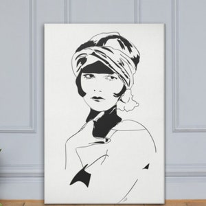 Stylish Flapper 1920s Gatsby aesthetic Art, Large Canvas Painting, Minimalist Black Ink Line Art, Original Figurative Portrait