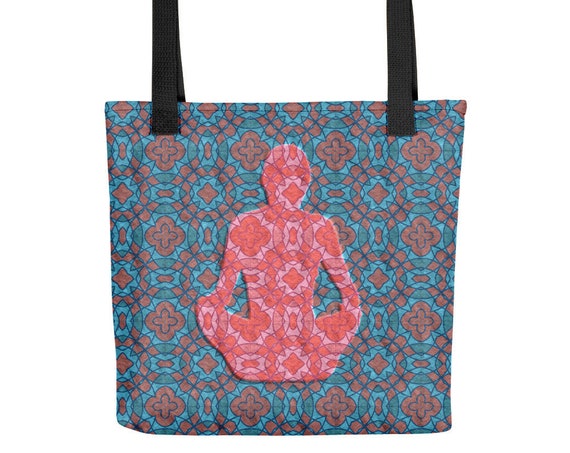 Yoga Tote Bag, Yogi Sukhasana Pose, Bohemian Pattern Purse for Gym, School