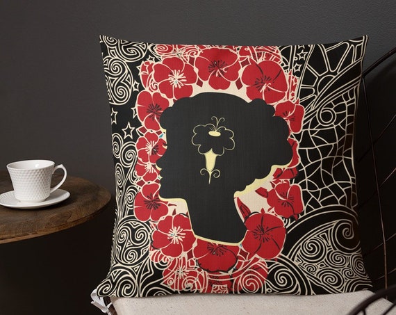 Black and Cream Lace Silhouette Pillow, includes insert, Lumbar or Euro Sham Square, Gothic Aesthetic Decor
