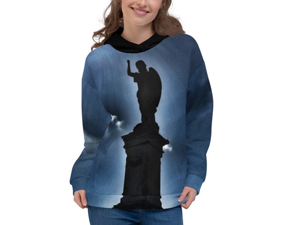 Custom Grave Angel Hoodie, Distressed Print Black Sweatshirt with Hood, Gothic Pullover