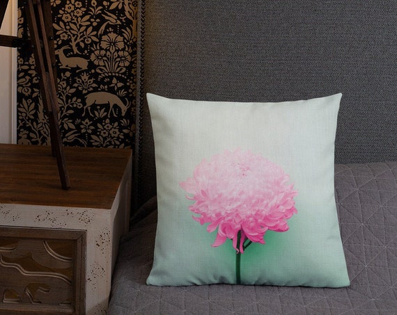 Pink and Mint Green Floral Throw Pillow, Square Accent Cushion, Chrysanthemum Flower