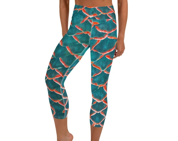 High Waist Capri Leggings with Pocket, Fish Scale Pattern, Mermaid Dragon Print Tights