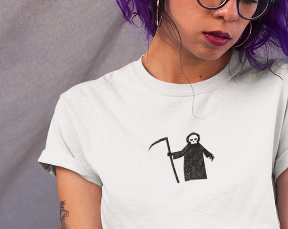 Grim Reaper Women's TShirt, Cute Fitted Lightweight Sheer Top, Horror Skull Graphic Shirts