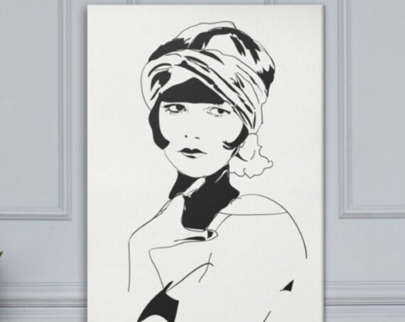 Roaring 20s Art, Large Canvas Painting, Minimalist Black Ink Line Art, Original Composition, Figurative Portrait