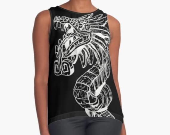 Quetzalcoatl Print Blouse, Dragon Graphic Tanktop, Lightweight Sleeveless Top for Women