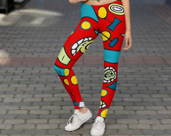 Retro Mod Print Ladies Leggings, Unique Summer Festival Tights, Cool Pattern Active Wear for Women