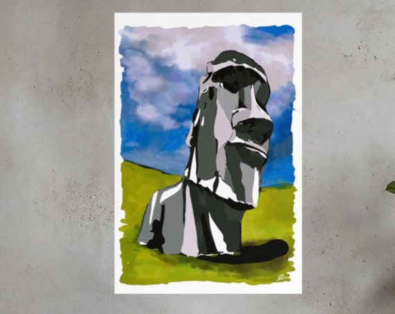 Moai Painting, Rapa Nui Original Artwork, Unframed Vertical Art Print, Large Statement Piece