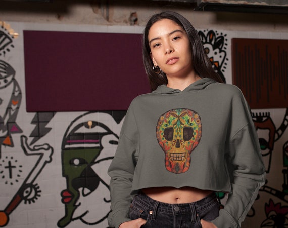 Sugar Skull Crop Top Hoodie, Fleece Cropped Sweatshirt, Womens Ladies Plus Sizes
