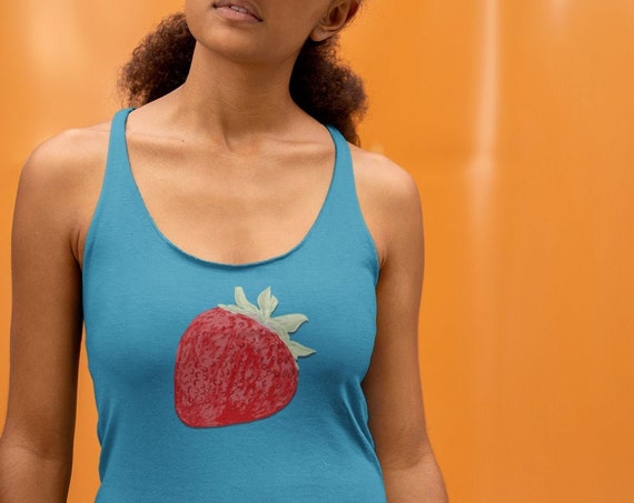 Strawberry Illustration TankTop, Racerback Soft Triblend Top, Cute Tank in plus sizes with Yummy Fruit Graphic for Summer