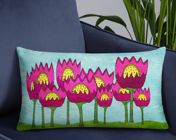 Whimsical Flowers Throw Pillow, Lumbar Rectangle or Square Accent Cushion, Colorful Home Staging Decor
