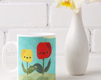 Tulip Friendship Mug, Ceramic Coffee Cup with Original Artwork, Happy Flowers, Cute Gift for Mom, Grandma, Sister, Brother