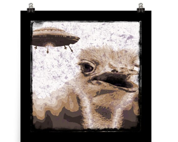 Ostrich Phones Home, UFO Photo Poster, Surreal Bizarre ET Art, Weird Scifi Home Decor