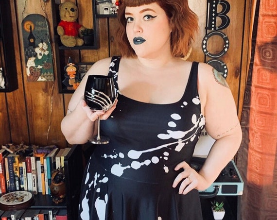 Sexy Skater Dress, Abstract Paint Pattern on Soft Stretch Fabric, Fit and Flare Edgy Style A-line Skirt, Available Plus Sizes