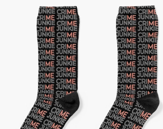 Crime Junkie Socks, True Crime Gift Socks, Stretchy Knit Crew Socks for Amateur Detectives