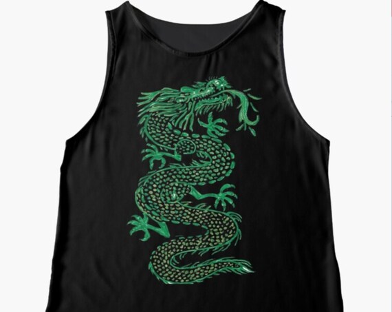 Green Dragon Ink Print Blouse, Graphic Tank top, Original Artwork, Black Sleeveless Shirt for Women