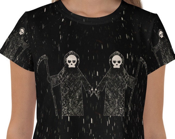 Grim Reaper Crop Top, Black Death Stretchy Tshirt, Full Print Short Tee, Ladies Fit, Available in Plus Sizes