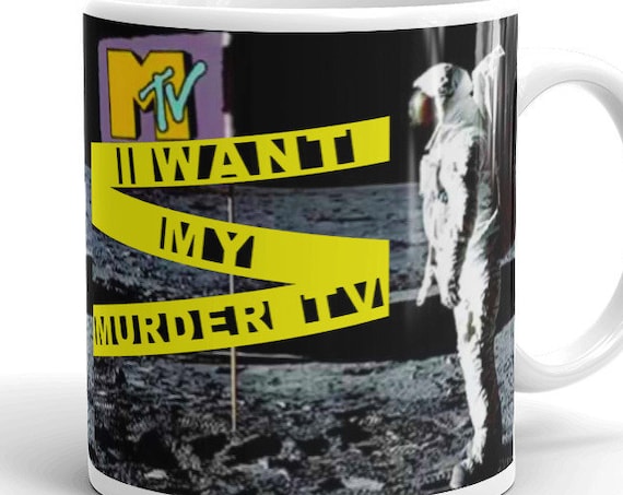 1980s MTV True Crime Mashup Mug, Retro Aesthetic Murder Memorabilia, Weird Home Decor