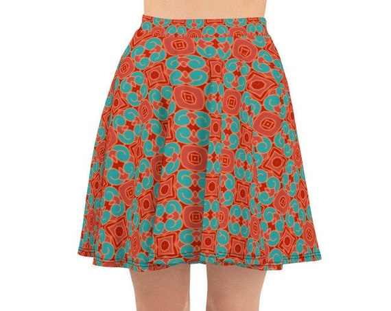 Red A-line Skater Skirt, Print Pattern, High Waist Flare Fit Stretchy Fabric from Frenchtoastygood Designs