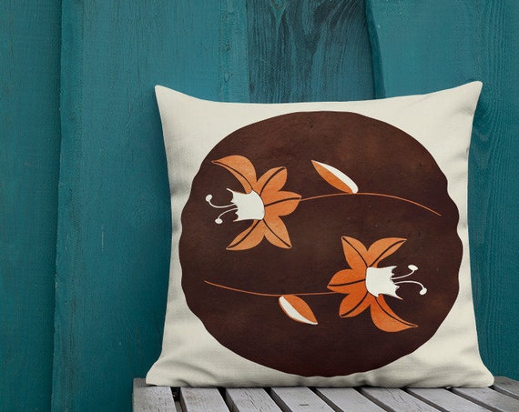 Fall Tones Accent Pillow, Custom Cushion in Burnt Orange Floral Print, Machine Washable, Great for Home Staging