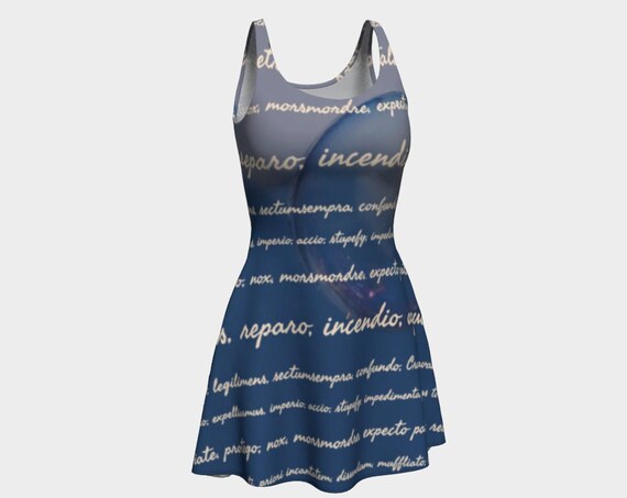 Spells, Jinx, Charms Dress, Eco Friendly Fabric, Flare Skater Style, Magical Aesthetic in Ravenclaw Blue