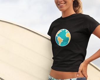 Earth Graphic Crop Top for Women, Casual Aesthetic Cropped T Shirt for Festivals, Raves, Lifestyle