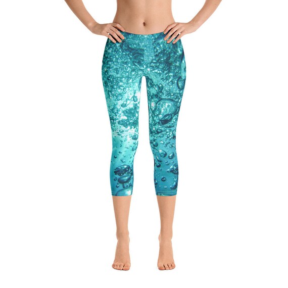 Cute Capri Leggings, Water Print Stretch Tights for Dance, Festivals, Yoga Gear