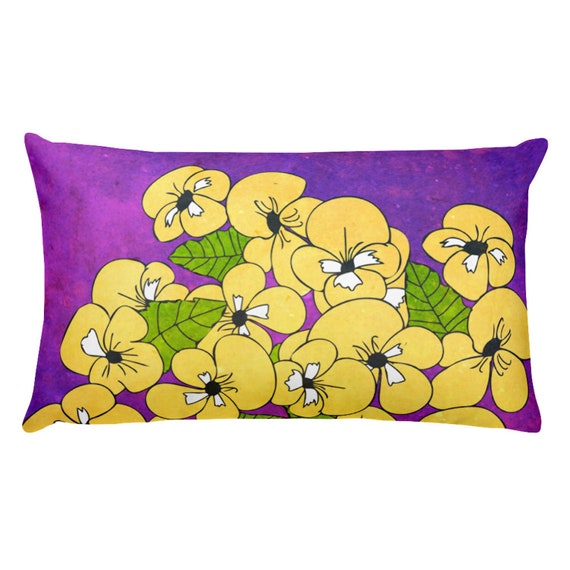 Yellow Pansies Throw Pillow, Purple Lumbar Cushion, Great for Home Staging Interior Room Decor, Sofa Bedding