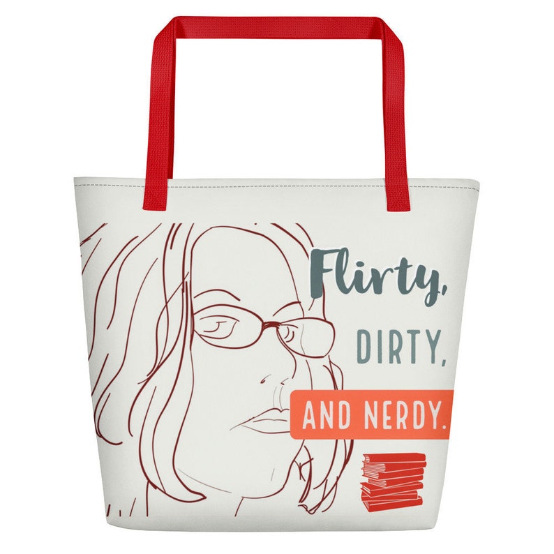 Cute Geeky Totebag with Pocket, Large 16x20 with Flirty, Dirty, Nerdy Graphic for Sassy Ladies and Smart Chicks Red
