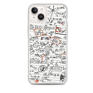 May include: A white phone case with a black and white design of handwritten math equations and formulas. The design includes numbers, symbols, and a few words like "Top", "va", and "Mαresin".