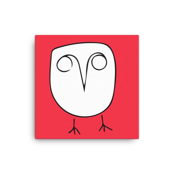 Owl Art on Red Background, Minimalist Line Artwork, Canvas Painting, Whimsical Home Decor