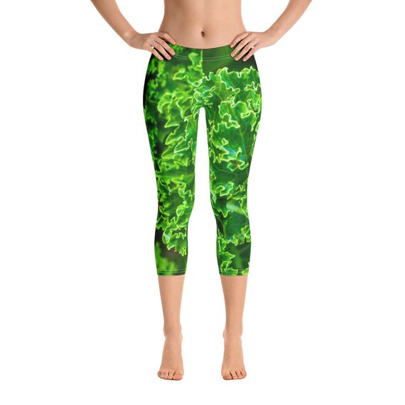 Leafy Greens Leggings, Stretchy Spandex Capris, Bright Cute Festival Fashion, 4 Way Stretch