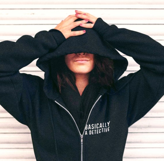 Basically a Detective Hoodie for True Crime Junkies and Murderinos, Soft Triblend Black Zippered Sweatshirt, Cute Unisex Jacket