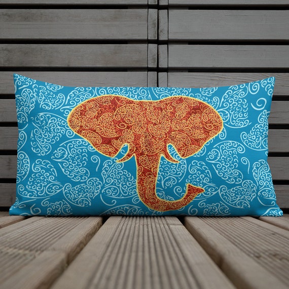 Bohemian Print Pillow, Red Gold Elephant Pattern, Ornate Decorative Cushion, Blue Premium Pillows for Boho Home Staging