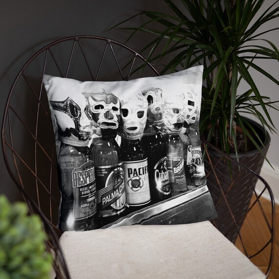 Lucha Libre Pillow, Man Cave Decor, Beer Lover Gift, Home Game Room Interior