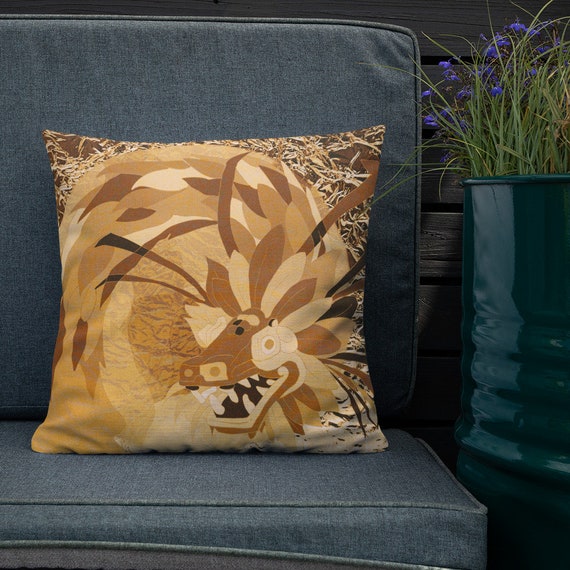 Gold Dragon Pillow, Decorative Accent for Home Interior, Square, Rectangular Shapes, Handmade Machine Washable Case, Colorful Room Staging