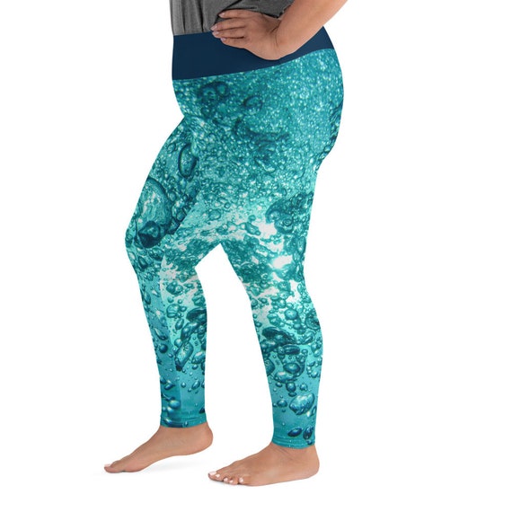 Water Print Plus Size Leggings, Cute Aqua 4 way Stretch Tights, Dance, Festival Outfit