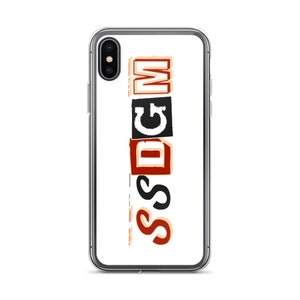 May include: A clear phone case with a white background and the word "SSDSMCM" printed in red, black, and white.