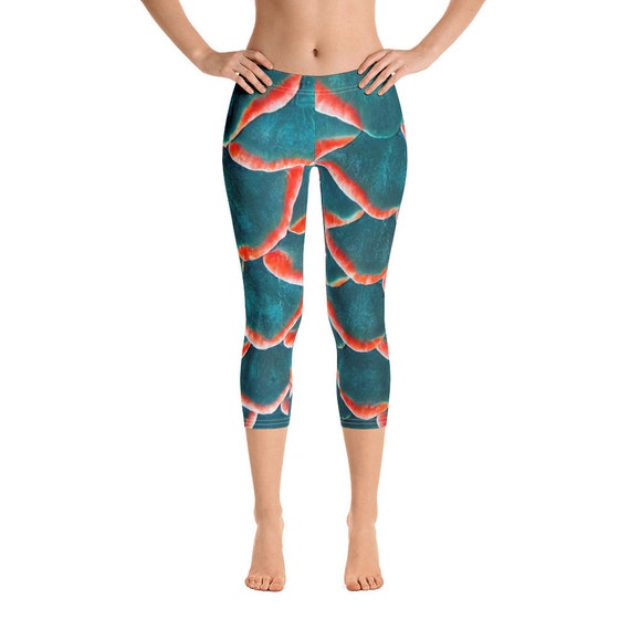 Fish Scale Capri Leggings, Colorful Green, Coral Cute Summer Tights for Yoga, Roller Derby, Loungewear, Festivals from Frenchtoastygood