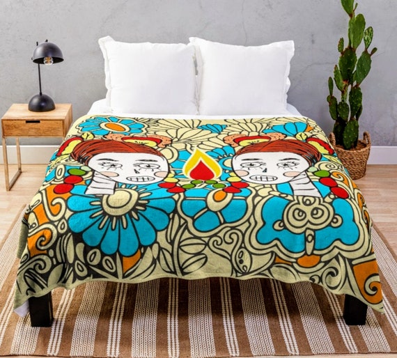 Calavera Sugar Skull Blanket, Handmade Original Artwork from Frenchtoastygood, Soft Fleece Machine Washable Bedding