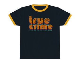 True Crime Retro T Shirt, Ringer Style Shirt, Colored Collar and Sleeves, Vintage 70s Aesthetic Casual Apparel